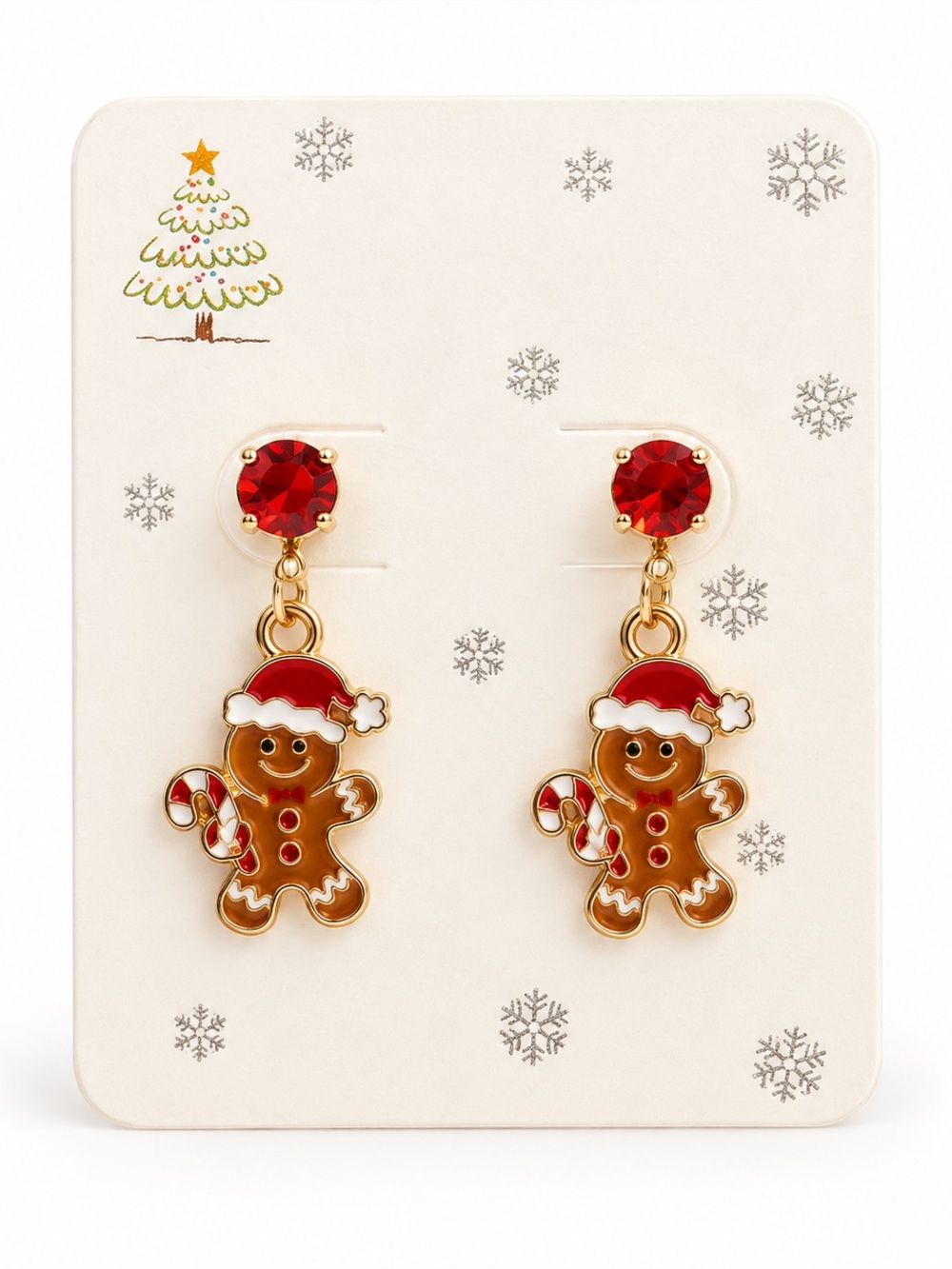 Gingerbread Santa Claus Hat Candy Cane Christmas 1.25" Red Rhinestone Earrings